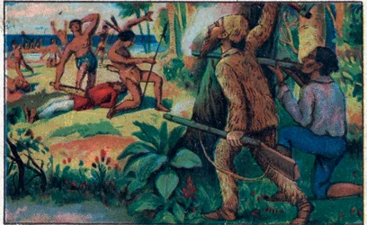 Het gevecht met de wilden. Illustratie voor het boek van Daniel Defoe “Robinson Crusoe”. Chromolithografie van de late 19e eeuw