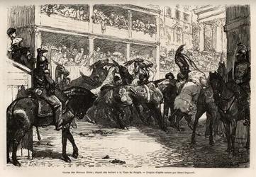De vrije paardenrace, vier keer georganiseerd tijdens het carnaval, begint op het Volksplein, dan speert het op drievoudige galop op de Corso naar het Venetiëplein, waar de prijzen worden uitgereikt. Gravure ter illustratie van de reis naar Rome, door Fran