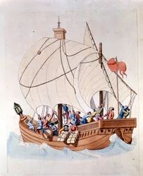 Het laden van een 13e-eeuwse karveel op zee