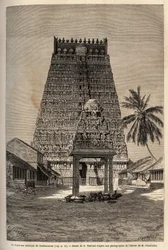 De hoofdgopuram van de tempel van Rama in Combaronum, bestaande uit 11 verdiepingen en bekroond door 11 ballen, de verschillende zijden van deze piramidale toren zijn volledig bedekt met beelden. Gravure ter illustratie van de reis naar de zuidelijke provi