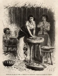 De vervaardiging van maïsbrood, de basis van voedsel, door vrouwen van de Grote Cauca-vallei (Colombia). Gravure ter illustratie van de reis naar Nieuw-Granada, door Dr. Saffray, in 1869, gepubliceerd in 