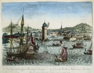 De haven van Havana en de omliggende scheepvaart - gravure