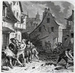 De scheerkom van Lille. Een episode uit het Beleg van Lille in 1792 tijdens de Franse Revolutionaire Oorlogen - Le siège de Lille en octobre 1792 - Révolution française - Bombardement door Oostenrijkers en Pruisen - Barbier gebruikt een halve bom als schee