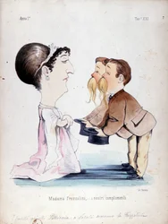 De tweelingbroers Pelliccia ontvingen Erminia Frezzolini, de Italiaanse sopraan (1818-1884). Cartoon uit de 19e eeuw.