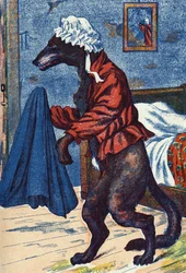 De wolf trekt de kleren van grootmoeder aan. Anonieme illustratie voor 
