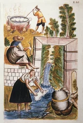 Het werk van wol, uit het boek "Trujillo del Peru" of "Códice Martínez Compañón", door Baltazar Martinez Compañón y Bujanda, bisschop van Trujillo (1782-1785)