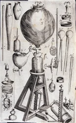 Gereedschappen voor wetenschappelijke experimenten - in "Nova experimenta physico-mechanica de vi aeris elastica, et ejusdem effectibus, facta maximam partem in nova machina pneumatica" door Robert Boyle