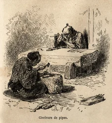 Twee arbeiders, elk met een hamer en een pons, bewerken metalen pijpen in hun werkplaats. Gravure ter illustratie van de reis naar Japan, door Aime Humbert, minister van de Zwitserse Confederatie, in 1863-1864, gepubliceerd in 