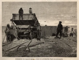 Lossen van guano-wagens op de Chincha-eilanden (Stille Oceaan, nabij de zuidwestkust van Peru), waarvan het belangrijkste belang de exploitatie van guano-afzettingen was (gebruikt als meststof), afzettingen op granieten kliffen die dienen als toevluchtsoor