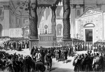 Eerste Vaticaans Concilie. Rome. De prelaten steken de Basiliek van Sint-Pieter over naar de Raadzaal. 1870