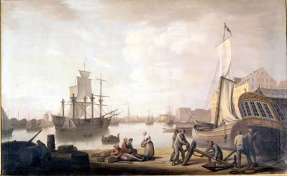 Zicht op de haven van Kopenhagen in Denemarken. Schilderij uit de 18e eeuw.