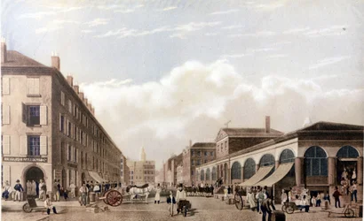 Uitzicht op New York: Markt op Fulton Street. SD lithografie rond het midden van de 19e eeuw.