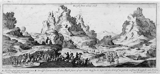 Zicht op karavanen in de Sinaïwoestijn. Gravure uit de 18e eeuw