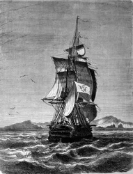 Gezicht op de Oostenrijkse fregat Novara voor het eiland St. Paul in de Indische Oceaan in 1857. Gravure uit de 19e eeuw