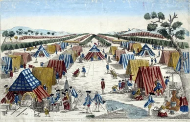 Uitzicht op het kamp van het Pruisische leger, getekend naar de natuur in de vlakte van Lomvenborg in Pommeren