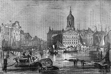 Gezicht op de stad Amsterdam en het oude stadhuis in de 19e eeuw