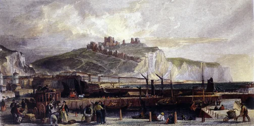 Uitzicht op de stad Dover en zijn hoge witte krijtrotsen in Engeland. 1850