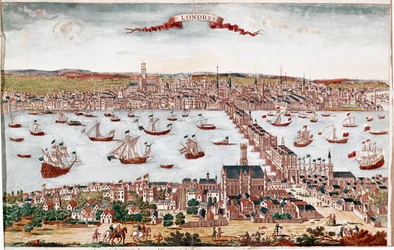 Uitzicht op de stad Londen en de rivier de Theems (gravure)
