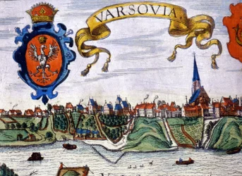 Uitzicht op de stad Warschau met het stadswapen. 1780