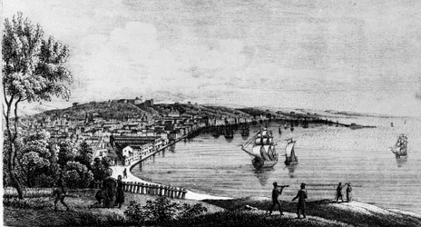 Uitzicht op de haven van de stad Triëst (in de Oostenrijkse periode), gravure uit de 19e eeuw.