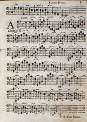 Viool. Bladmuziekpagina voor Balletto a 3, op. 3 door Tomaso Albinoni