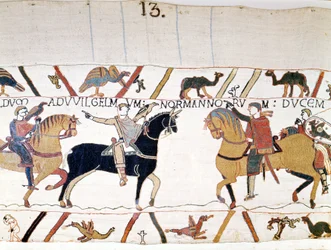 Willem de Veroveraar ontmoette Harold II, koning van Engeland, na hem te hebben bevrijd. Tapijt van Bayeux, bekend als Borduurwerk van Koningin Mathilde