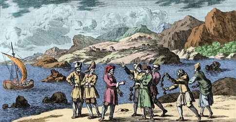 Hekserij en overtuigingen: Finnen en Sami die een storm oproepen door de magie van drie knopen. Gravure uit 