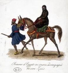 Vrouw van Egypte rennend, vergezeld door haar zaïs - gravure, begin 19e eeuw