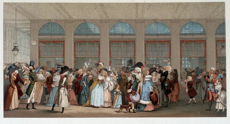 Wereldwandeling in de houten galerij van het Palais Royal, eind 18e eeuw - chromo naar de gravure van Debucourt