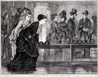 Jonge vrouwen die bowlen, in de Verenigde Staten, circa 1870 - gravure