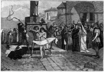 Een overspelige man en vrouw worden in de middeleeuwen gegeseld op het openbare plein van een dorp in Frankrijk. 19e-eeuwse gravure die de zeden van de Fransen illustreert.
