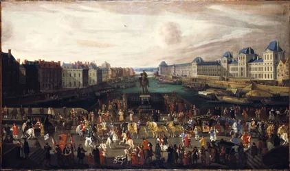 le Pont-Neuf, gezien vanaf de ingang van de place Dauphine, het Quai Malaquais met het college des Quatre-Nations in aanbouw, de Grote Galerie en het Louvre, rond 1665. Passage van een stoet op de brug, tussen 1665 en 1669