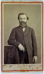 Portret van de componist Giuseppe Verdi (1813 - 1901). 1840s. Foto met handtekening.