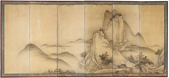 Landschap met reizigers op bergpaden