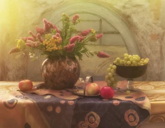 Warm bloemen- en fruitstilleven