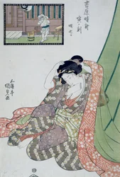 Uur van de draak, vijfde tot zevende uur van de ochtend, ca. 1818, Ukiyo-e kunstprent door Utagawa Kunisada uit De twaalf uren in Yoshiwara (houtsnede)