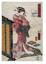 Dame met hand op gelakt scherm, Edo-periode, ca. 1857 (houtsnede op papier)