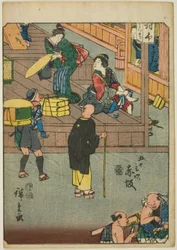 Akasaka, uit de serie "Drieënvijftig stations [van de Tokaido] (Gojusan tsugi)," ook bekend als de Figuren Tokaido (Jinbutsu Tokaido)