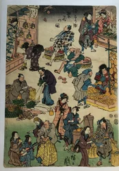 Personages uit toneelstukken in de rol van handelaars en klanten, uit de serie „De bloeiende Jōruri-wijk“