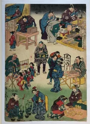 Personages uit toneelstukken als kooplieden en klanten, uit de serie De welvarende Jōruri-wijk