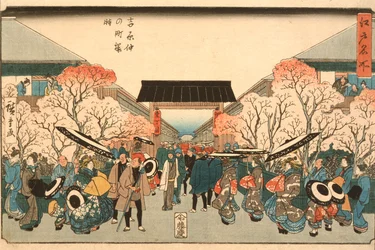Kersenbloesemtijd in Nakanoch van de Yoshiwara uit de serie Beroemde Plaatsen van Edo, c.1848-9