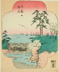 Kersenbloesems in volle bloei op Goten Hill (Gotenyama manka), deel van een blad uit de serie "Uitgeknipte afbeeldingen van beroemde plaatsen in Edo (Edo meisho harimaze zue)"