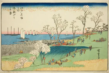 Kersenbloesems in Volle Bloei op Gotenheuvel, uit de serie "Beroemde Plaatsen in Edo"