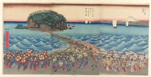 Menigte bezoekt de Benzaiten-schrijn in Enoshima in de provincie Sagami (Soshu Enoshima Benzaiten kaicho sankei gunshu no zu)