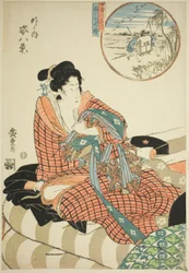 Neerdalende ganzen op de rijstvelden (Tanbo no rakugan) en avondklok van de ochtend daarna (Kinuginu no bansho), uit de serie "Acht uitzichten van figuren binnen en buiten (Soto to uchi sugata hakkei)"