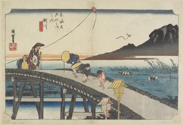 Verre uitzicht op de Akiba-berg, Kakegawa, c. 1833