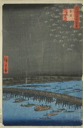 Vuurwerk bij Ryogoku (Ryogoku hanabi), uit de serie "Honderd Beroemde Zichten van Edo (Meisho Edo hyakkei)"