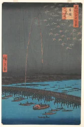 Feuerwerk an der Ryōgoku-Brücke, aus der Serie Einhundert berühmte Ansichten von Edo