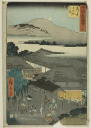 Fuchu: Miroku nichome, Abekawa (Fuchu, Abekawa Miroku nichome), nr. 20 uit de serie "Beroemde bezienswaardigheden van de drieënvijftig stations (Gojusan tsugi meisho zue)", ook bekend als de Verticale Tokaido.
