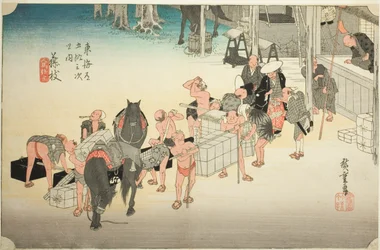 Fujieda: Wisselen van dragers en paarden (Fujieda, jinba tsugitate), uit de serie "Drieënvijftig stations van de Tokaido-weg (Tokaido gojusan tsugi no uchi)," ook bekend als de Hoeido Tokaido